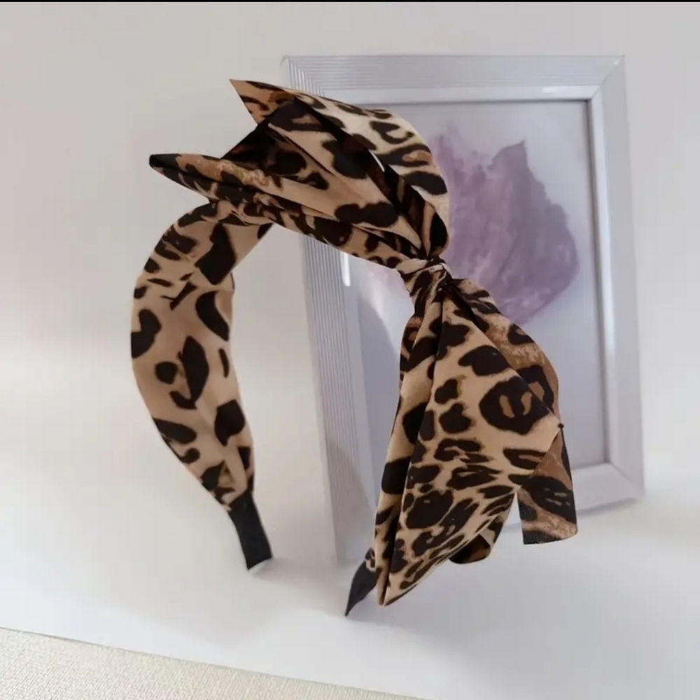 Leopard French Headband Non Slip Fashion Large Bow Decor Headband Knotted Wid